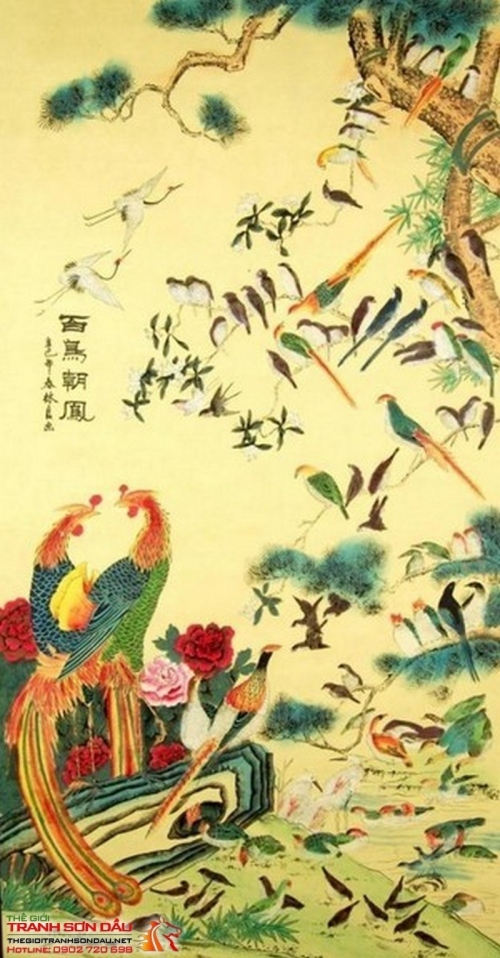Tranh Sơn Dầu Phượng Hoàng Bên Cây Tùng Bách