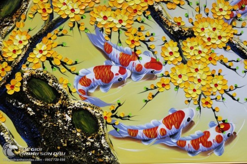 Tranh Sơn Dầu Vẽ Chín Con Cá Chép Dưới Gốc Mai Vàng