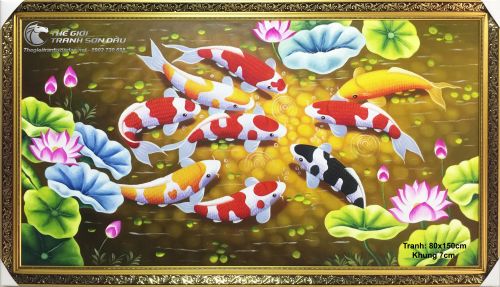 Tranh Sơn Dầu Vẽ Chín Con Cá Chép Phong Thủy