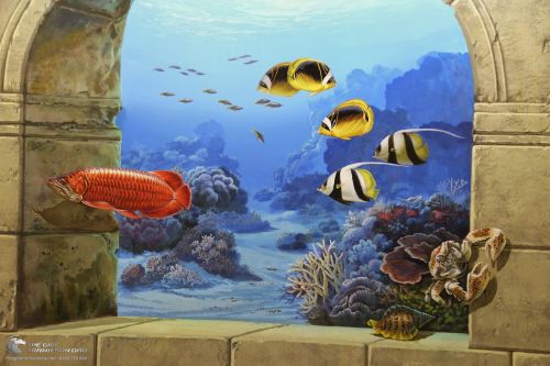 Tranh Tường 3D Vẽ Đàn Cá Vàng Và Cam