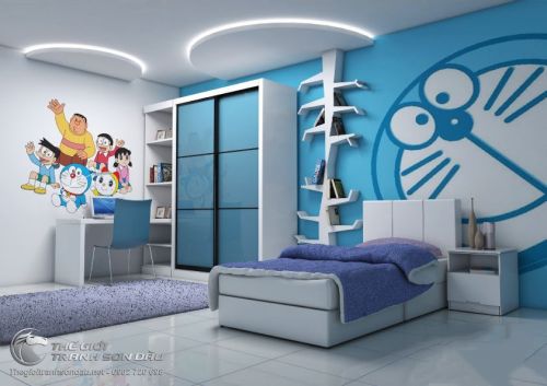 Tranh Tường Vẽ Doraemon Nền Xanh Cho Phòng Trẻ Em