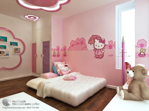Tranh Tường Vẽ Mèo Hello Kitty Hồng Cho Phòng Trẻ Em
