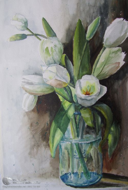 Tranh Vẽ Bằng Sơn Dầu Bình Hoa Tulip Trắng Tinh Khôi