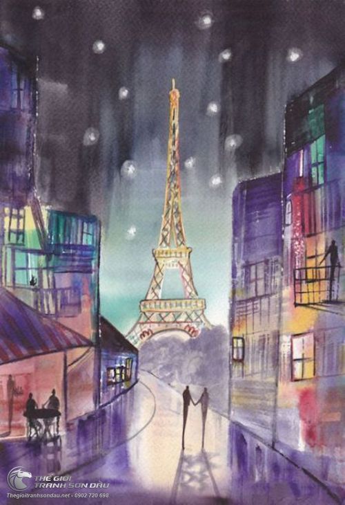 Tranh Vẽ Bầu Trời Đêm Đầy Sao Và Tháp Eiffel