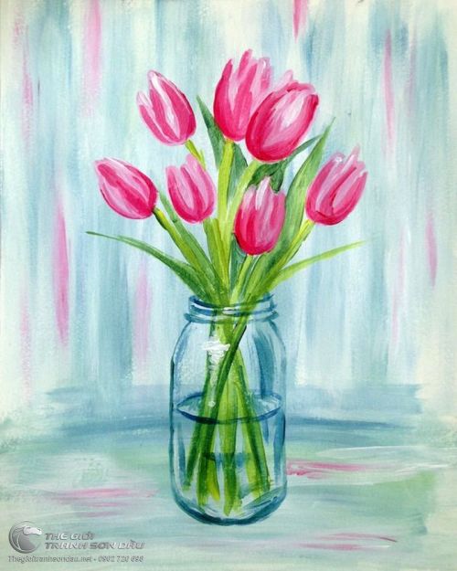 Tranh Vẽ Bình Hoa Tulip Màu Hồng