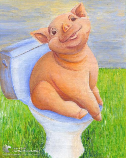 Tranh Vẽ Chú Lợn Ngồi Toalet