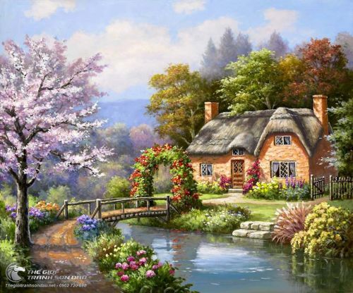 Tranh Vẽ Ngôi Nhà Với Khung Cảnh Thiên Nhiên Mùa Xuân