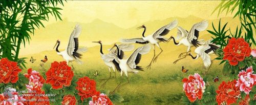 Tranh Vẽ Những Chú Chim Hạc Bên Hoa Mẫu Đơn Và Khóm Trúc