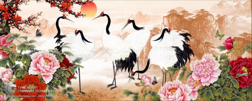 Tranh Vẽ Những Chú Chim Hạc Bên Hoa Mẫu Đơn Và Mặt Trời Đỏ