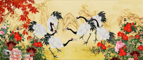 Tranh Vẽ Những Chú Chim Hạc Bên Khóm Hoa Mẫu Đơn