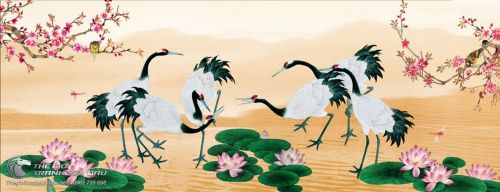 Tranh Vẽ Những Chú Chim Hạc Đang Bay Lượn Trên Hồ Sen