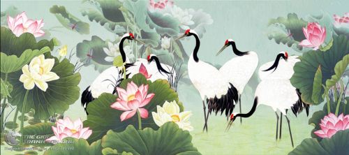 Tranh Vẽ Những Chú Chim Hạc Đang Kiếm Ăn Bên Hồ Sen