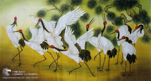 Tranh Vẽ Những Đôi Chim Hạc Bên Cây Tùng