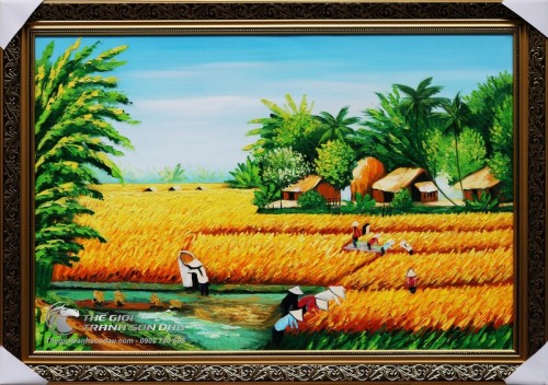 Tranh Vẽ Phong Cảnh Quê Hương Gặt Lúa