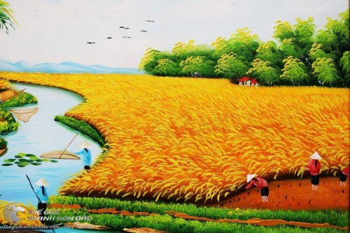 Tranh Vẽ Quê Hương Mùa Gặt Lúa