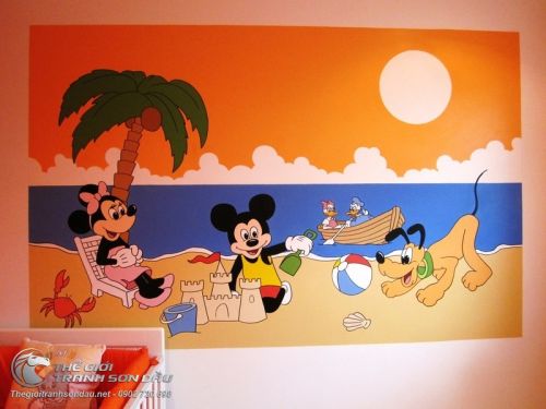 Tranh Vẽ Tường Mầm Non Hình Chuột Mickey Bên Bờ Biển Đẹp