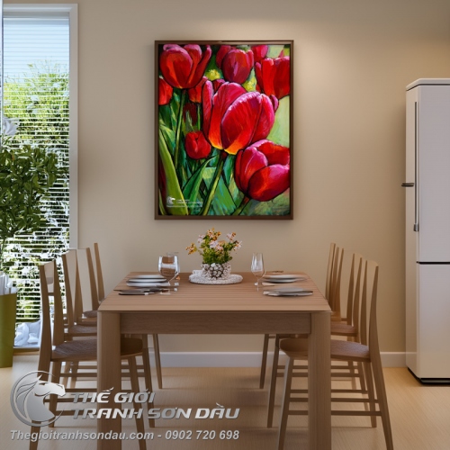 Tranh Vẽ Vườn Hoa Tulip Màu Đỏ Hồng