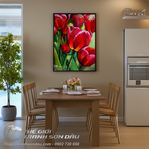 Tranh Vẽ Vườn Hoa Tulip Màu Đỏ Hồng