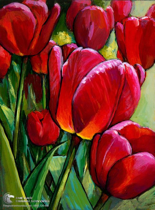 Tranh Vẽ Vườn Hoa Tulip Màu Đỏ Hồng