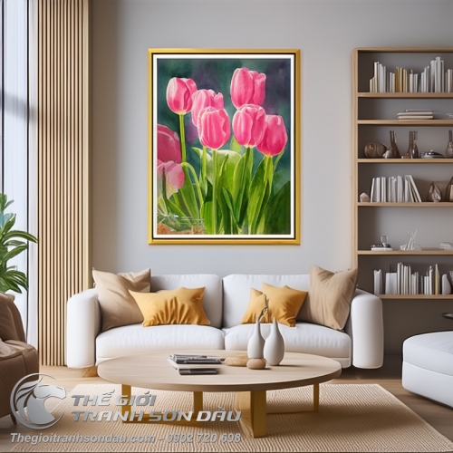 Tranh Vẽ Vườn Hoa Tulip Màu Hồng