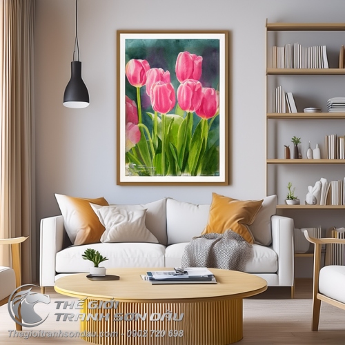 Tranh Vẽ Vườn Hoa Tulip Màu Hồng