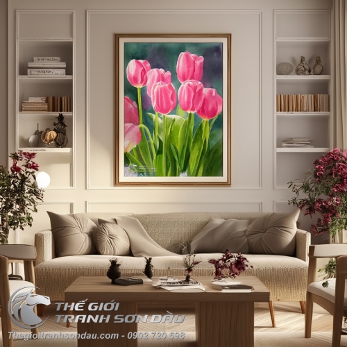 Tranh Vẽ Vườn Hoa Tulip Màu Hồng