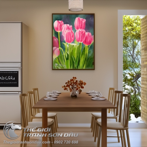 Tranh Vẽ Vườn Hoa Tulip Màu Hồng Đẹp