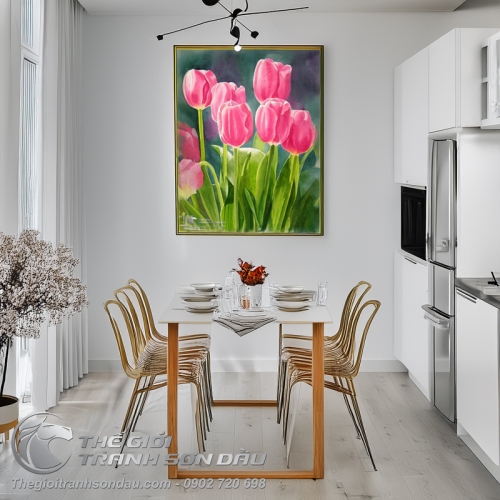 Tranh Vẽ Vườn Hoa Tulip Màu Hồng Đẹp