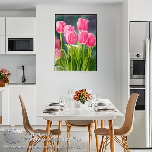 Tranh Vẽ Vườn Hoa Tulip Màu Hồng Đẹp